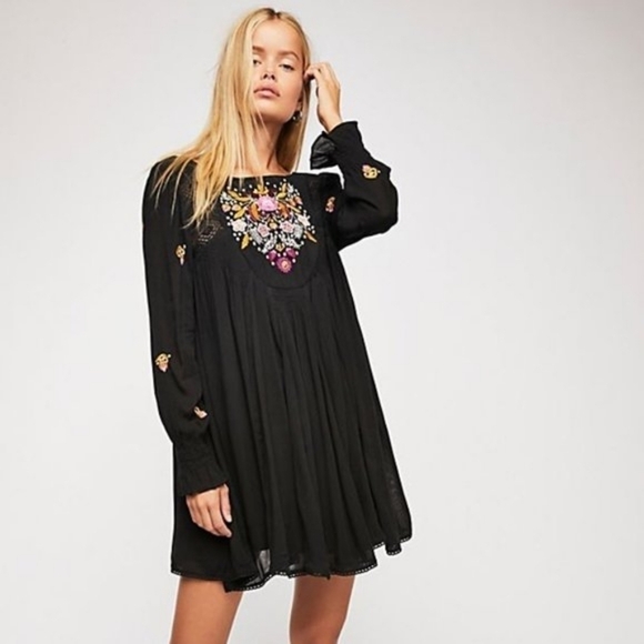 Free People Mohave Embroidered Mini Dress Black sz M - Picture 1 of 10
